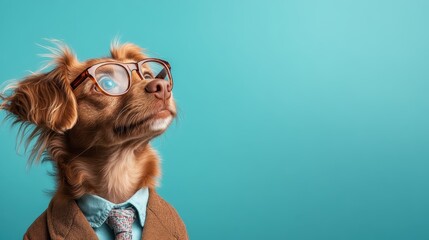 A dressed-up dog sporting glasses and a stylish tie poses against a bright background, merging fun with elegance, showcasing its playful personality and charm.