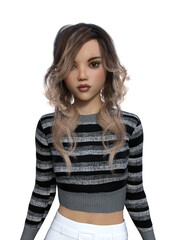 Illustration of a young woman with brown eyes and wavy hair wearing a striped sweater and white skirt looking forward on a white background.