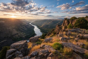 Rugged cliffs and rocky terrain create a stunning natural vista
