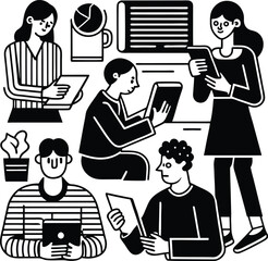 Diverse group of people working on digital devices and laptops