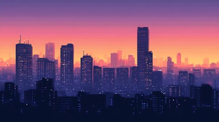 Obraz premium City skyline at dusk, illuminated with soft, warm colors.