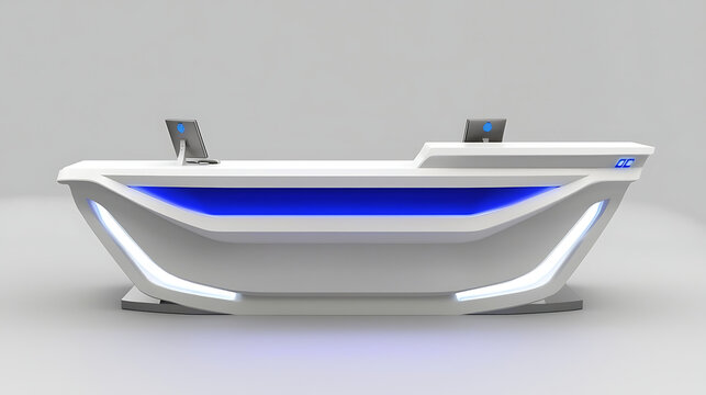 A white desk with blue lights and a blue sign that says "Laptop"