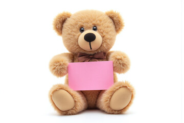 teddy bear holding a pink note in its paws