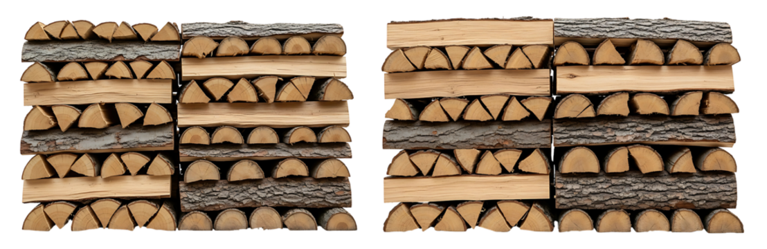 Stacked firewood pattern showcasing neatly arranged logs ready for winter warmth and coy ambience. Transparent 