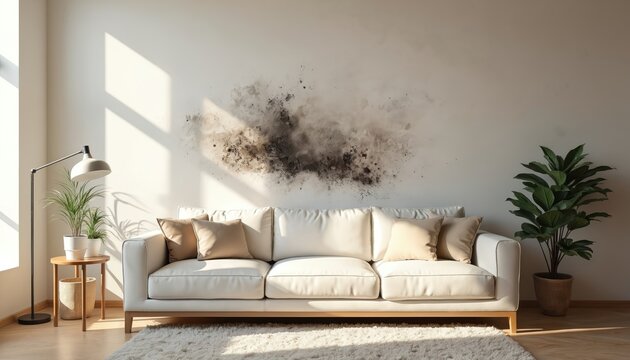 Living room interior shows mold damage on wall. White couch with pillows against dampness, moisture stains, renovation needed. Home repair restoration. Fungal issue affects design.