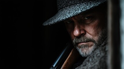 A dramatic portrait of a mysterious man captured in shadow, showcasing weathered features and a piercing gaze that evokes intrigue and storytelling within a dimly lit atmosphere.