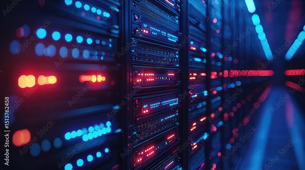 Leinwandbilder detailed 3d rendering of high-performance data servers glowing in red and blue led lights, ideal for