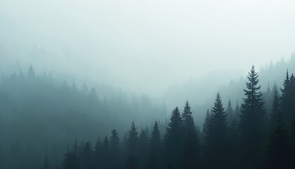 Naklejka premium Misty dark forest silhouette against foggy white sky. Atmospheric landscape with trees in wood. Nature environment, moody aethereal, mysterious illustration, calm scene.