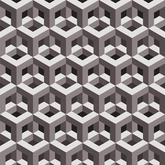 Repeating 3D cube pattern in monochrome tones. Modern isometric design creates optical illusion depth. Ideal for wallpapers, backgrounds, and textiles.