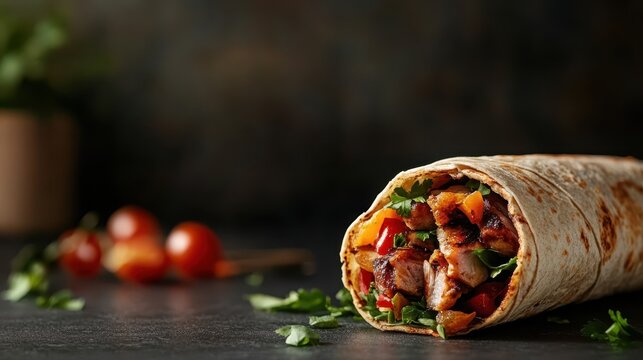 A delicious burrito filled with grilled meats, fresh veggies, and vibrant herbs, showcasing a perfect blend of flavors wrapped in a soft tortilla on a dark background.
