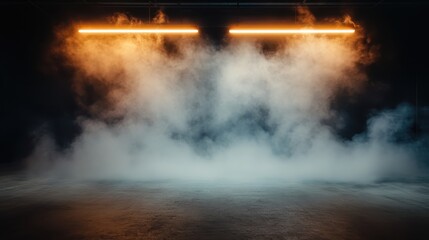 Obraz premium An atmospheric scene with layers of fog and contrasting warm and cool lights creates a mysterious and dramatic backdrop, ideal for artistic or theatrical presentations and photoshoots.
