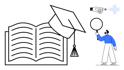 Open book with graduation cap symbolizing education, hand with digital tech concept, and man with balloon indicating creativity, simplicity, or discovery. Ideal for learning, innovation, higher