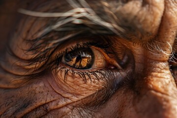 Close-up captures an elderly eye, reflecting life's journey with striking detail, wrinkles and intense focus. It conveys wisdom and experience.