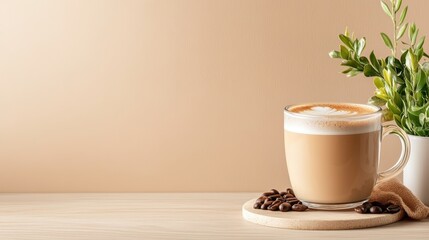 A cozy latte sits elegantly on a wooden board surrounded by coffee beans and leaves, conveying warmth and relaxation perfect for coffee lovers and serene moments.