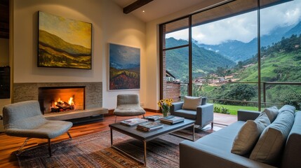 a living room in an upscale house located in the Colombian mountains. The room features a modern grey couch and two elegant chairs arranged around a stylish coffee table adorned with art books. A cozy