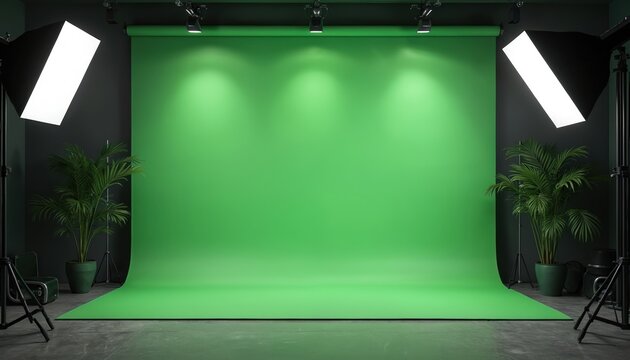 Empty green screen studio set up with soft lighting. Blank backdrop for photo video production. Modern film stage with lights, lamps. Interior studio with plants. Empty backdrop for video,