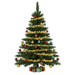 A Festive Christmas Tree Gleaming Ornaments and Golden Garland isolated on transparent background
