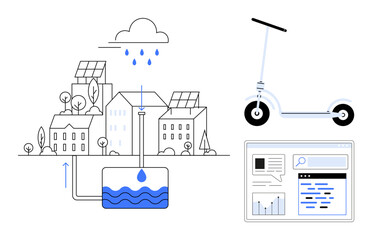 Rainwater harvesting system near solar-powered buildings, electric scooter, analytics dashboard screen. Ideal for sustainable energy, eco-friendly transport, green tech, city planning, urban design