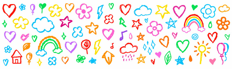 Colorful Kids' Doodle Art Collection. A vibrant collection of childlike drawings, including hearts, flowers, stars, clouds, rainbows, and balloons, all in bold, bright colors.