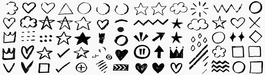 Cute Doodle Graphic Elements Pack for Design Projects. A collection of hand-drawn doodle graphic elements, including stars, hearts, clouds, rainbows, and arrows.