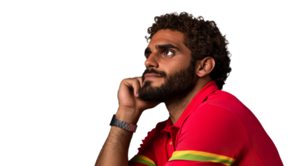 Hispanic male, thoughtful expression, upward gaze, red shirt, cut out transparent