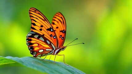 Obraz premium Vibrant orange butterfly resting on a green leaf, surrounded by a blurred natural background