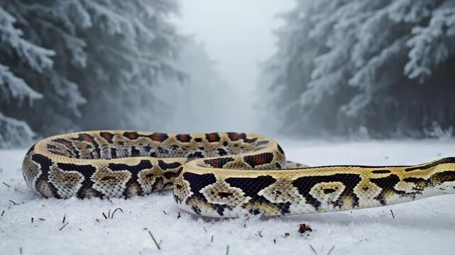 A snake slowy moving on the snow , 4K video.