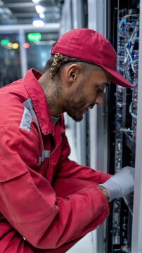 Portrait of a confident young male technician in red uniform working inside a server room, focused and professional expression, data center setting. Generative AI