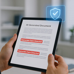 Tablet screen showing AI-generated content with warnings and highlighted hallucination sections