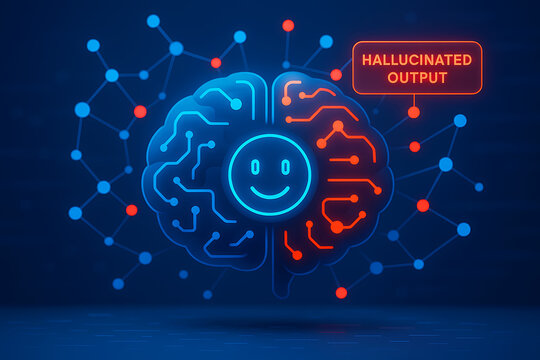Blue brain with red hallucinated output alert and smiling icon indicating incorrect AI response