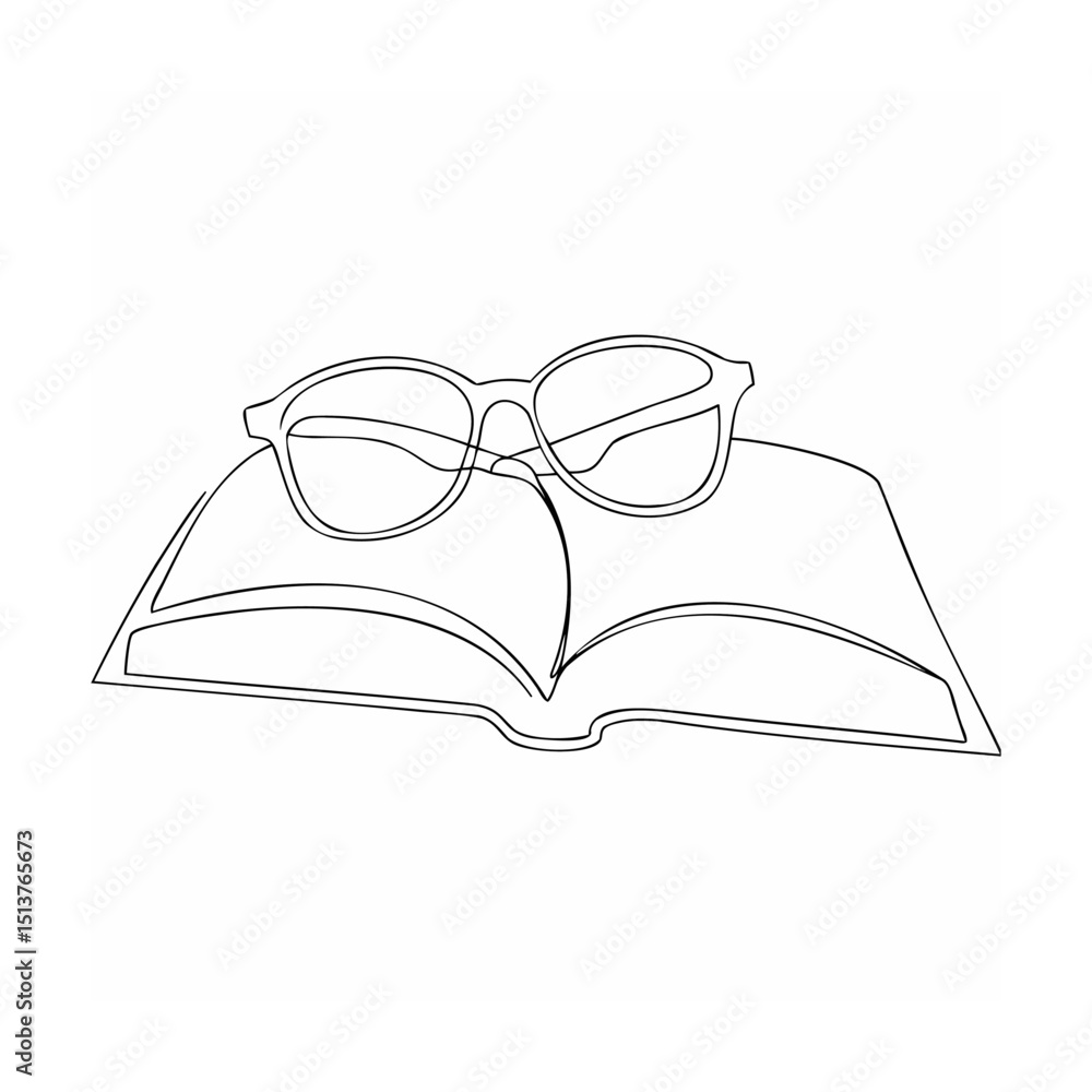 Poster simple outline drawing of eyeglasses resting on an open book with white background