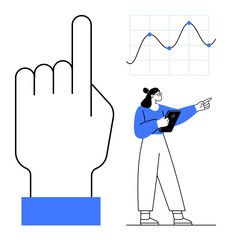 Large upward-pointing hand, woman holding tablet pointing at graph with data points. Ideal for data analysis, presentations, teamwork, progress, technology, research, simple landing page