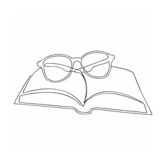 Simple outline drawing of eyeglasses resting on an open book with white background