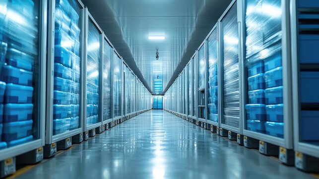 Industrial cold storage facility interior perspective.