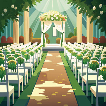Beautiful outdoor wedding ceremony setting with white chairs and floral decorations waiting