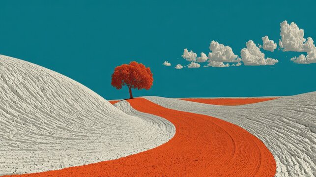 Solitary autumn tree on rolling white and orange hills