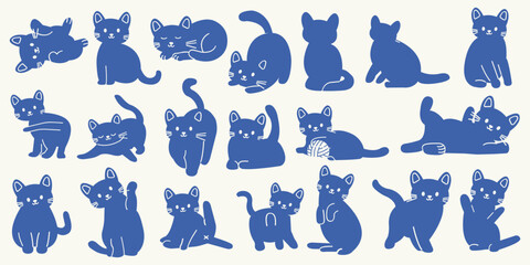 Hand drawn cute cat illustration set. Playful kittens in different poses. Vector pet illustrations of sitting, stretching, walking, grooming, and lying cats. 
Simple line style doodles with paw prints