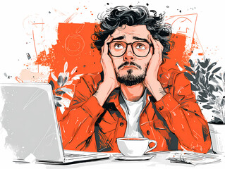 Digital Artwork of a Stressed Man at Laptop in Warm Orange Setting – Emotional Work Pressure Concept