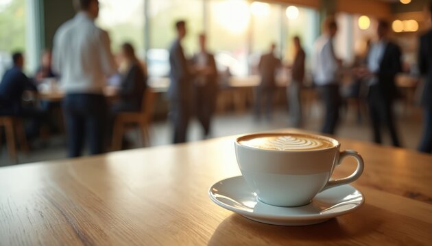 A cup of coffee with latte art on a wooden table, blurred background with professionals networking during conference. Business people at coffee break, networking, socialising indoors.