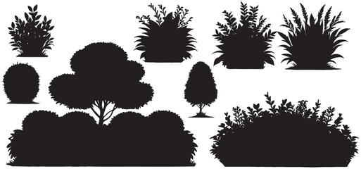silhouette trees shrubs and bushes. vector isolated on white background. silhouette garden tree and shrubs