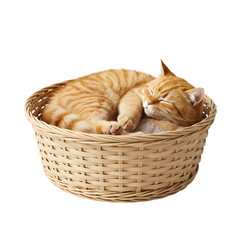 Ginger Cat Napping in a Woven Basket isolated on transparent background
