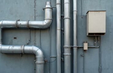 Industrial ventilation pipes on grey wall background. Metal pipework system for air conditioning. Architectural design of exterior building. HVAC system for air circulation, quality control. Urban