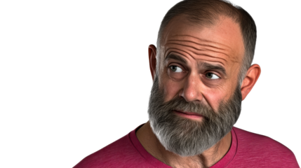 Pensive man with grey beard glancing left, cut out transparent