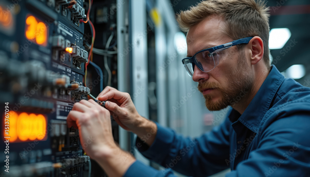 Poster electrical engineer conducts repairs maintenance on advanced technology in lab environment. man in g