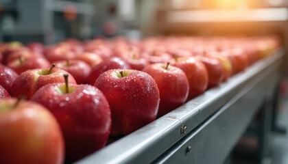 Fresh red apples move along conveyor belt at fruit factory. Apples sorted and packed, showcasing quality control in production line. Food industry, farming and harvest concept.