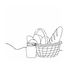 Picnic basket with bread eggs and jar in outline style isolated on white background