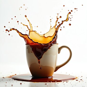 Artistic coffee splash from overfilled mug isolated white background. Pouring espresso, hot beverage, brown liquid, dark coffee, droplets fly creating dynamic shapes, tasty breakfast drink. Cafe,