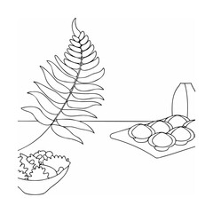 Simple monochrome illustration of fern leaf, salad bowl, and appetizers arrangement