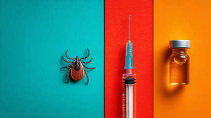 dear tick vaccine against tick-borne diseases – syringe, vial, and realistic tick on colorful background, perfect for medical articles, health campaigns, and vaccination awareness