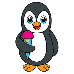 Fototapeta premium Cute Penguin Enjoying Ice Cream Cone A Sweet Treat Illustration